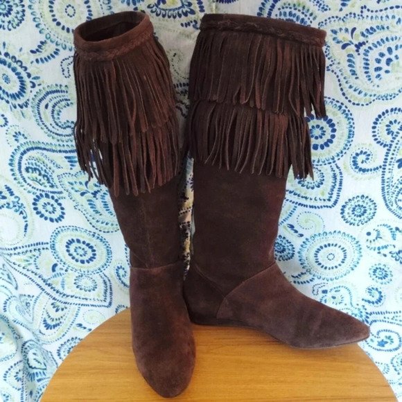 Vintage Gianni Bini Boots Dark Brown Suede Leather Fringe 9M Low Brazil - Picture 4 of 16